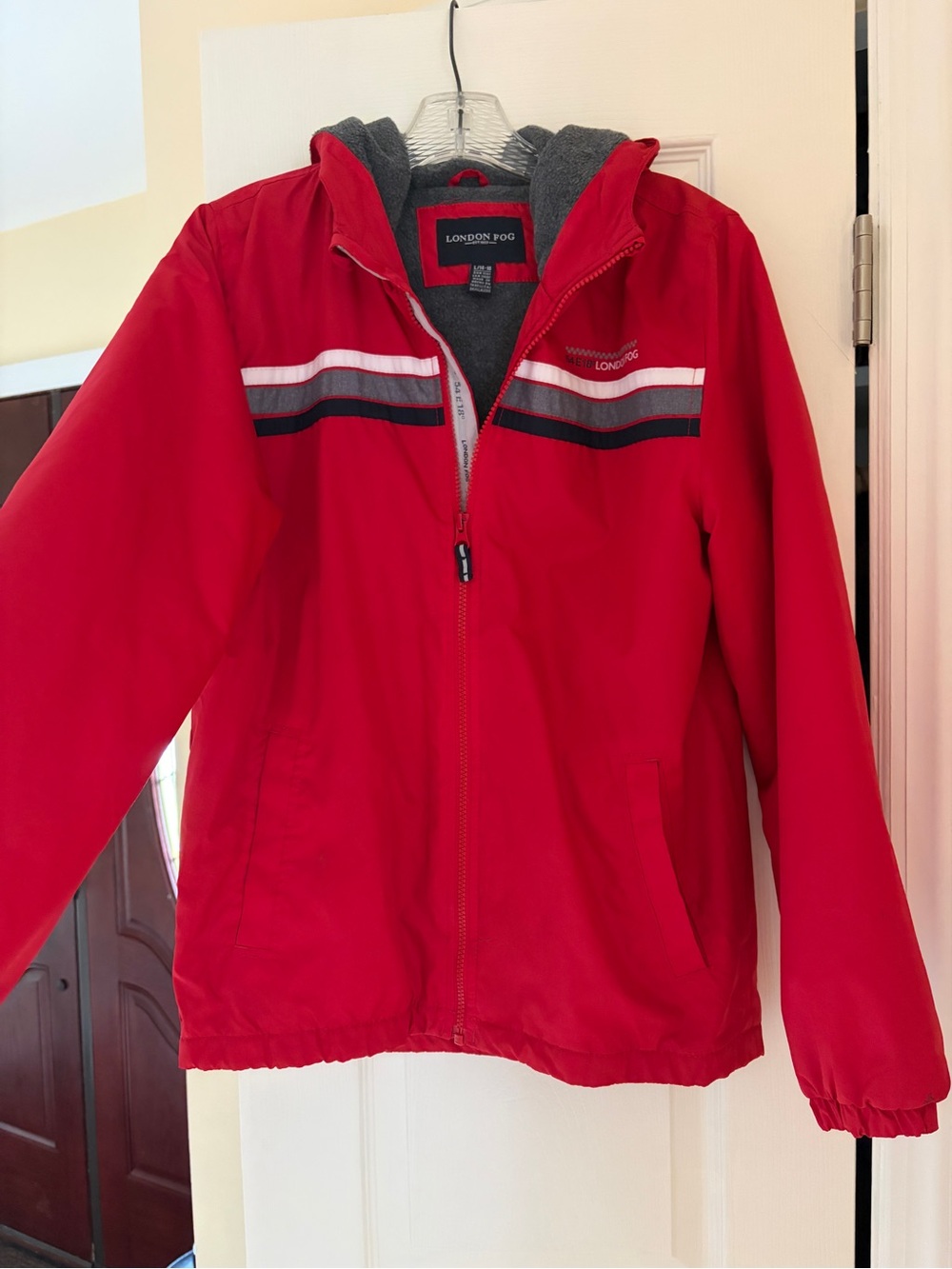 Kids Red Hooded Jacket with White and Navy Stripes - size 14
